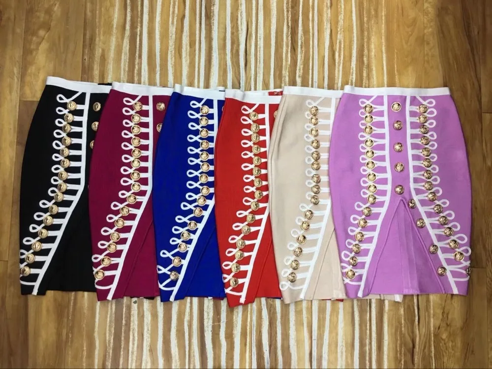 

Hot Sale 6 Colors Celebrity Fashion Skirts Rayon HL Bandage Mini Skirts Button Sexy Pencil Skirts