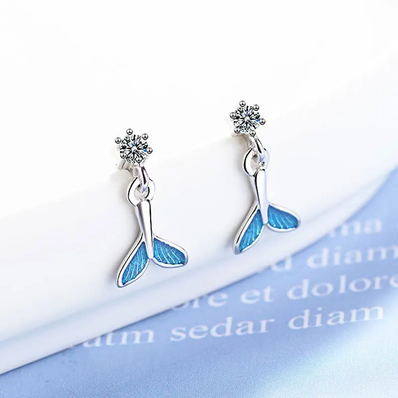 2019 New Arrival Fashion Jewelry 925 Sterling Silver Stud Earrings For Women Shop Blue Mermaid Fish Tail Crystal Personality | Украшения и