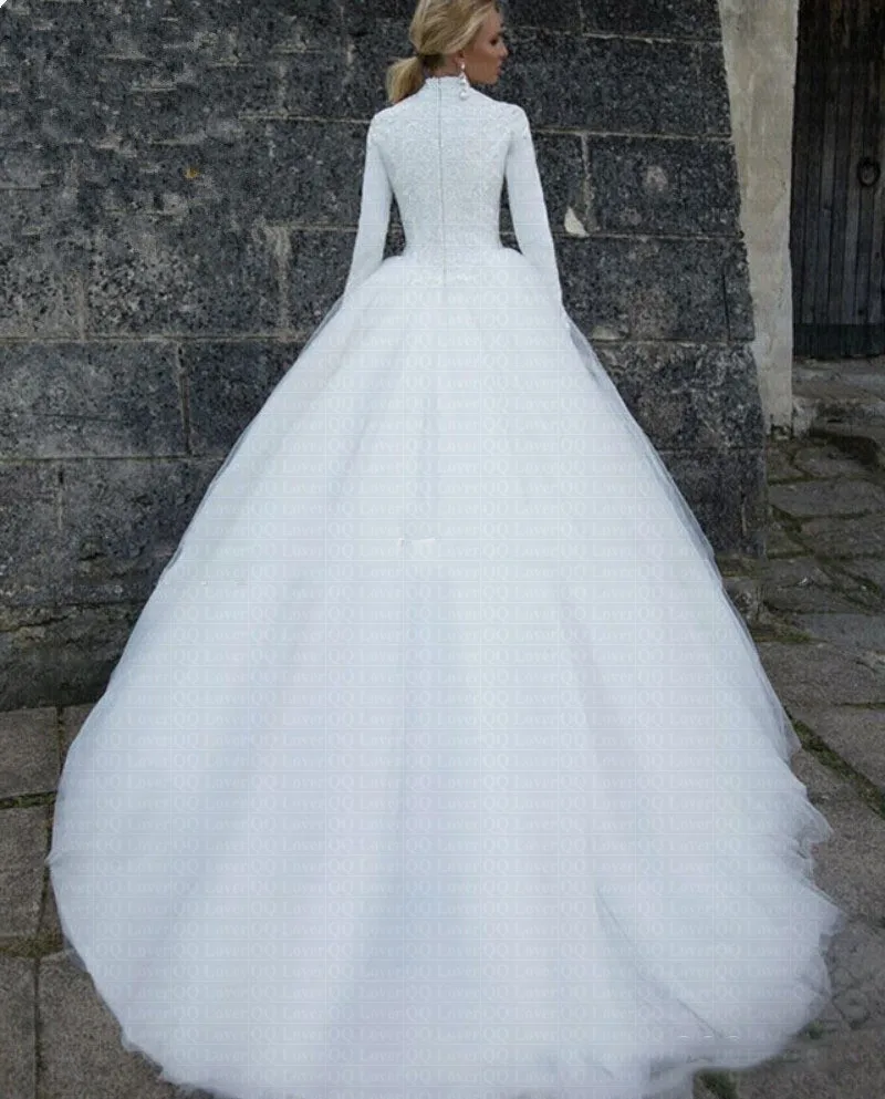 

2019 High Neck Muslim Wedding Dress Long Sleeve Arabic Wedding Dresses Vestido De Novia