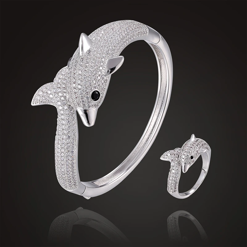 

Fateama luxury animal bangle with ring jewelry set full zircon micro pave setting dolphin bracelet fashion jewelry best gift
