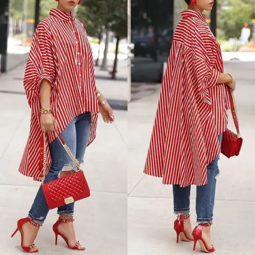 Casual Shirt Red Blue Black Striped Tops Fashion Women Ladies Half Sleeve Loose Blouse | Женская одежда
