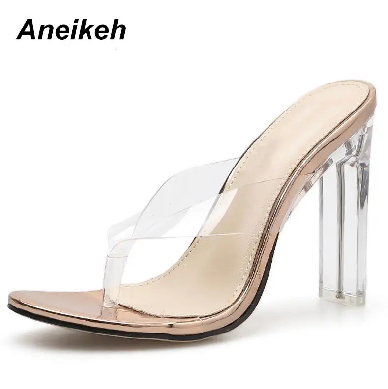 Aneikeh/Модная женская обувь; Новинка года; женские босоножки; тапочки с зажимом; прозрачные туфли-лодочки на высоком каблуке из ПВХ - Цвет: Gold