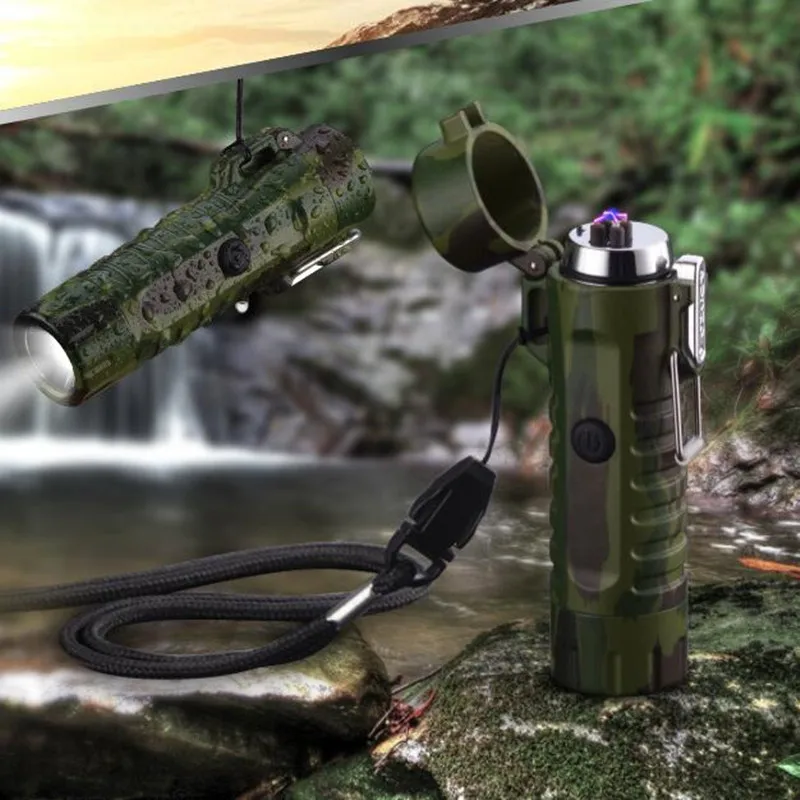 USB зарядка Водонепроницаемая плазменная зажигалка и фонарик двойная дуга для