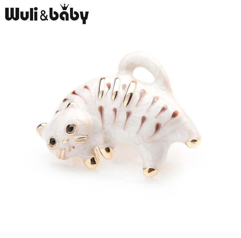 Wuli & baby маленькие коричневые полоски белые броши кошки металлические животные