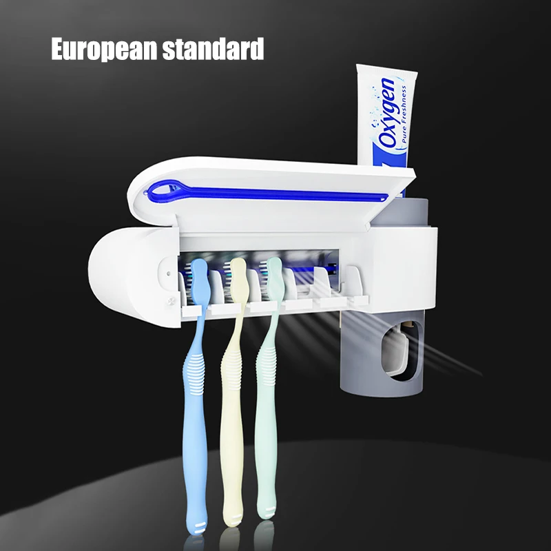 European standard MICCK Автоматический Дозатор для зубной пасты, интеллектуальный стерилизатор, УФ-светильник, держатель для зубной щетки, набор для ванной комнаты 3 в 1 - Цвет: European standard