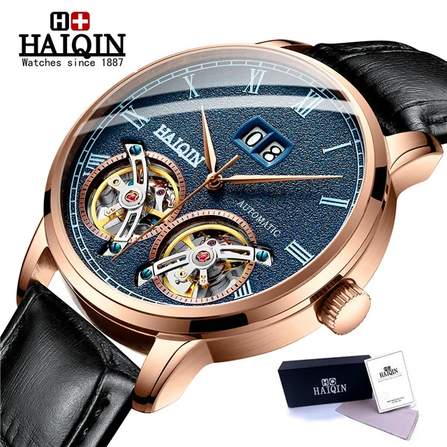 L-gold blue HAIQIN мужские s часы Топ люксовый бренд автоматические механические наручные часы Мужские Двойные Tourbillon модные водонепроницаемые часы relogio masculino - Цвет: L-gold blue