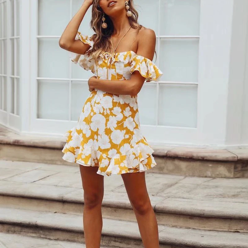 Летнее платье Timechee Для женщин сладкий печати оборками Slash шеи короткий рукав Fit and