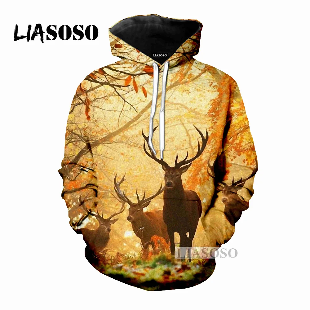 LIASOSO, новинка, повседневные, забавные, с оленем, лосем, деревьями, снегом, с 3D принтом, для женщин и мужчин, толстовки с капюшоном, свитера, пуловер, Harajuku, уличная одежда, X0254