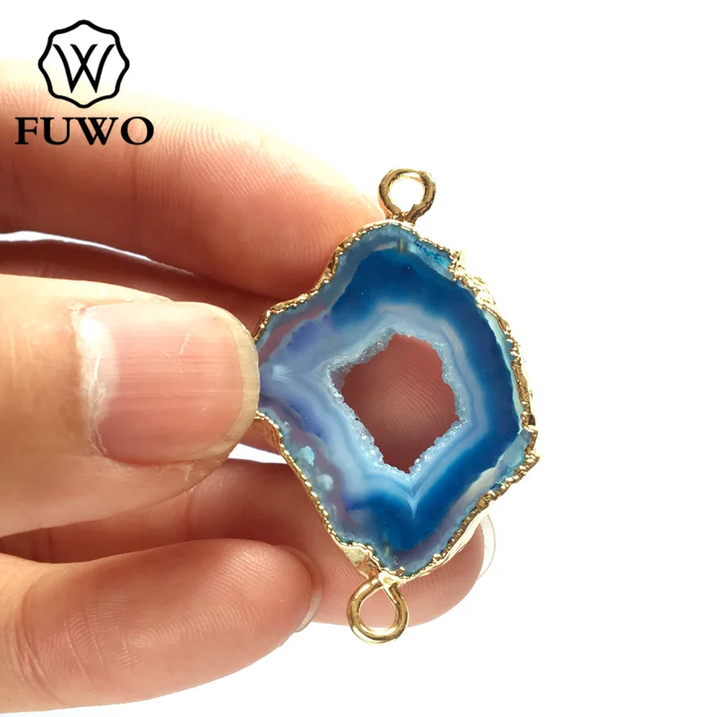 FUWO Натуральный Druzy Agates ломтик Разъем с золотой обрезкой Модный Фиолетовый/синий Geode Шарм Аксессуар для изготовления браслета PD228