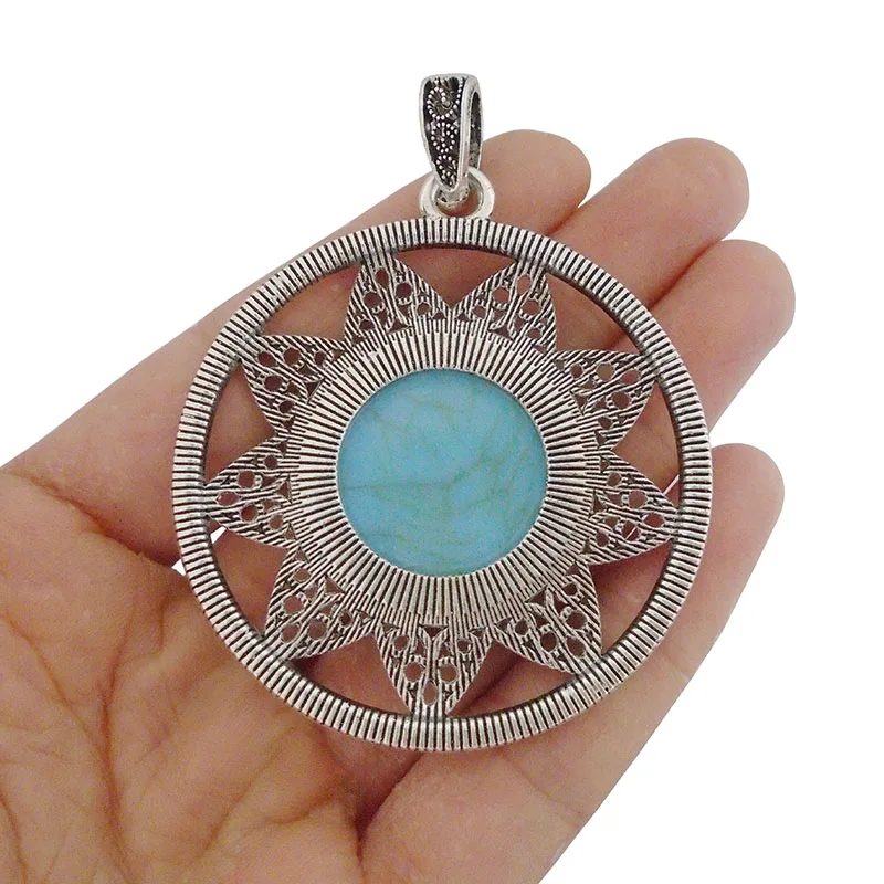 3 x старинное серебро полые Boho большой круглый искусственная бирюза "каменный цветок подвески для Цепочки и ожерелья ювелирных изделий Выводы 55 мм