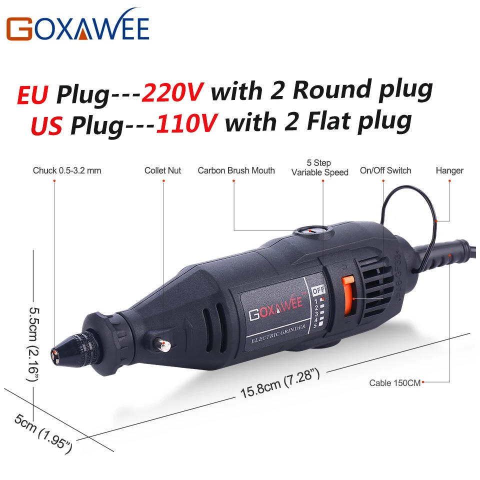 GOXAWEE-Mini taladro eléctrico de 110V y 220V, herramientas eléctricas con portabrocas Universal de 0,3-3,2mm y herramientas rotativas enrolladas para Dremel 3000 4000