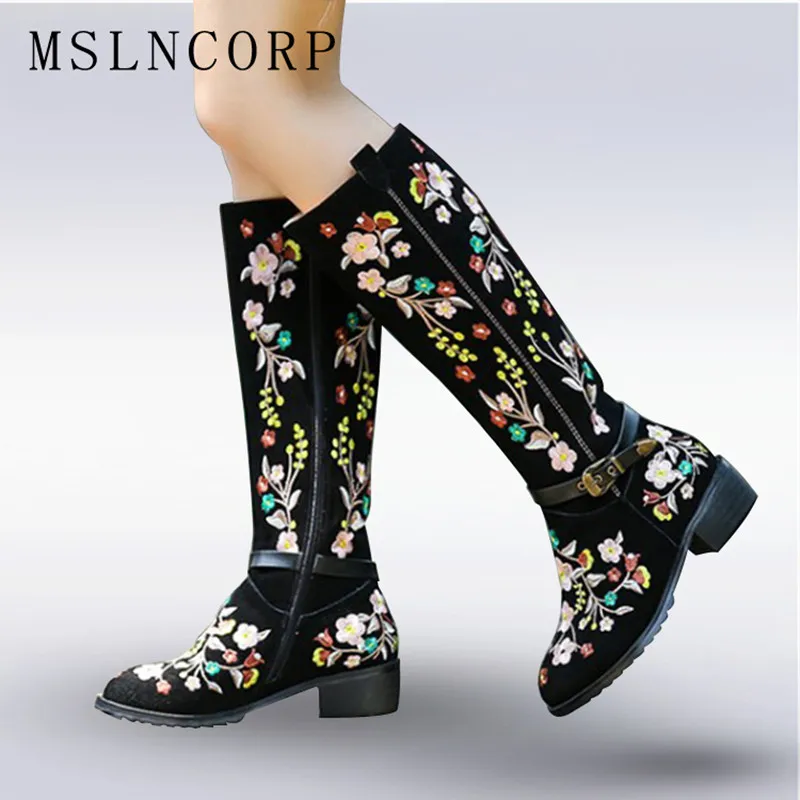 

Plus Size 34-46 Genuine Leather Women Boots Spring Autumn Bohemia ethnic style Snow Boots Embroider Shoes Zip Mid Calf Boots