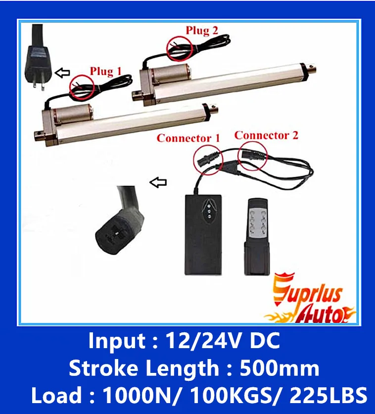 

Two units 12v linear actuator 24v 20inch/ 500mm stroke max load 1000N/ 225LBS with unit wireless controller