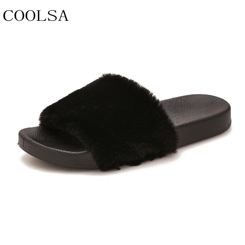 COOLSA/женские зимние плюшевые тапочки; модные меховые сандалии для улицы; домашняя теплая обувь; женские шлепанцы; женские вьетнамки на плоской подошве; Лидер продаж