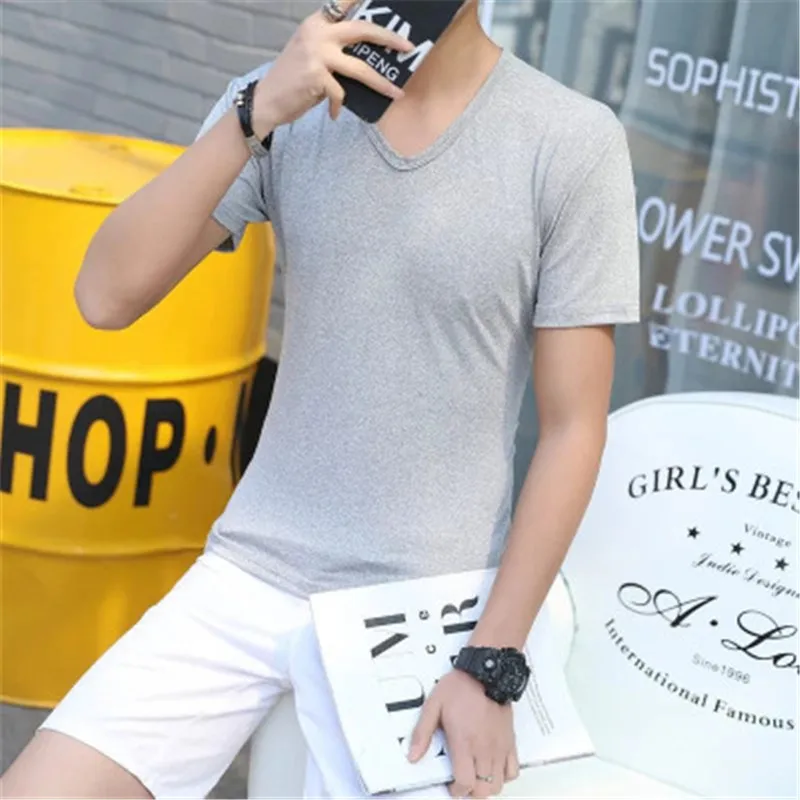 Summer new men's solid color short-sleeved V-neck T-shirt multi-color bottoming shirt t-shirt | Мужская одежда
