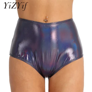 Женские блестящие шорты YiZYiF с металлическим блеском, шорты из лакированной кожи на молнии сзади с завышенной талией, Стильные шорты для танцев, женские шорты