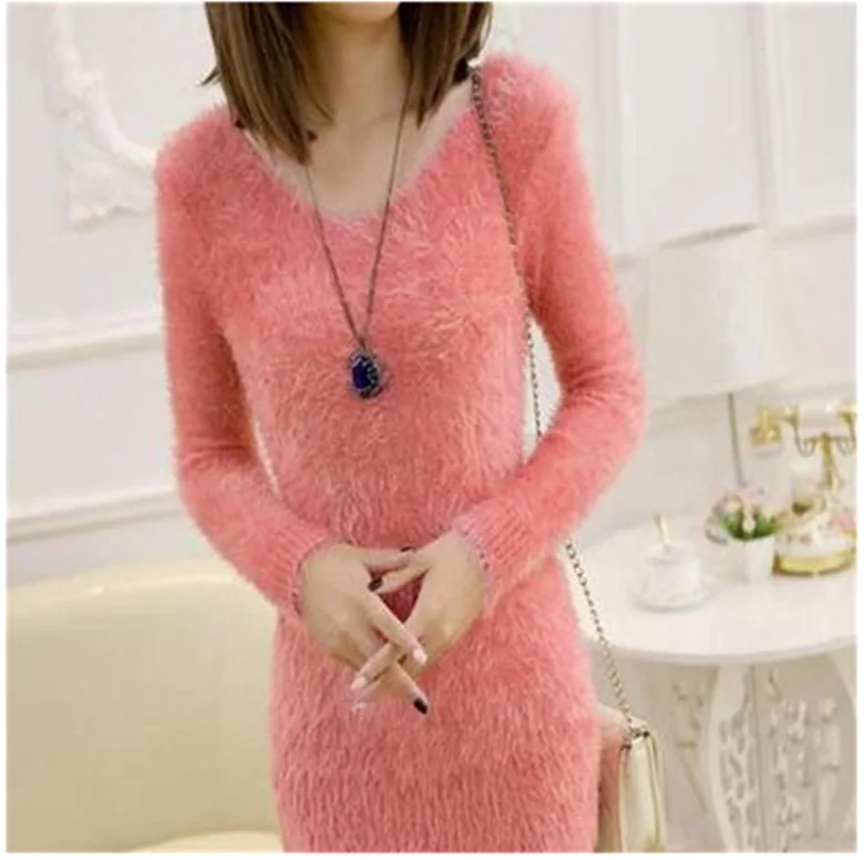 2019 New Women Korean Style Fluffy Mohair knitted Jumper Solid Color Long Sleeve V-neck Sweaters Pullover Pink sweater | Женская одежда