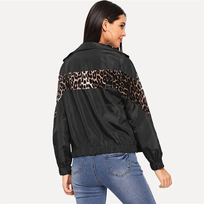 SweatyRocks черная леопардовая куртка на молнии женская уличная одежда с длинным рукавом Топы Модные осенние повседневные пальто и куртки