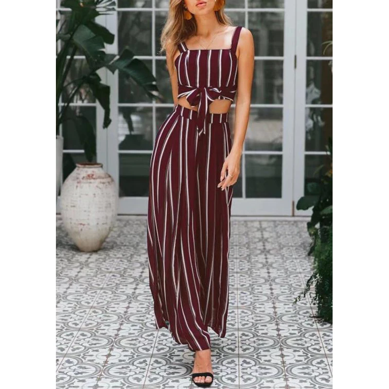 Casual Women 2 Pieces Set Office Lady Stripe Sleeveless Bow Tank Pants Summer Elegant Piece Korean Style | Женская одежда