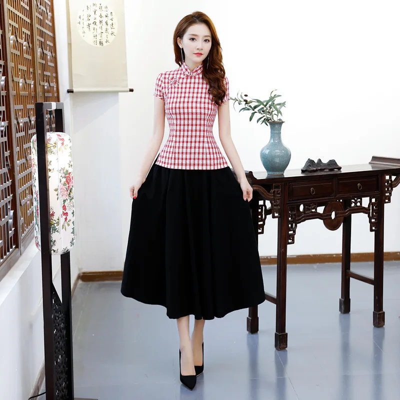 

2019 Summer shirt skirt Set Novelty Chinese style Womens and girl Qipao Slim Party Cheongsam Lady Button Vestido Size S-3XL