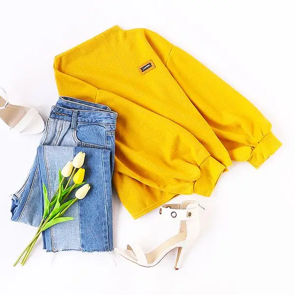 Dotfashion, свитер с воронкой и рукавом-фонариком, Женская толстовка, новинка, кавайные осенние желтые пуловеры, толстовка