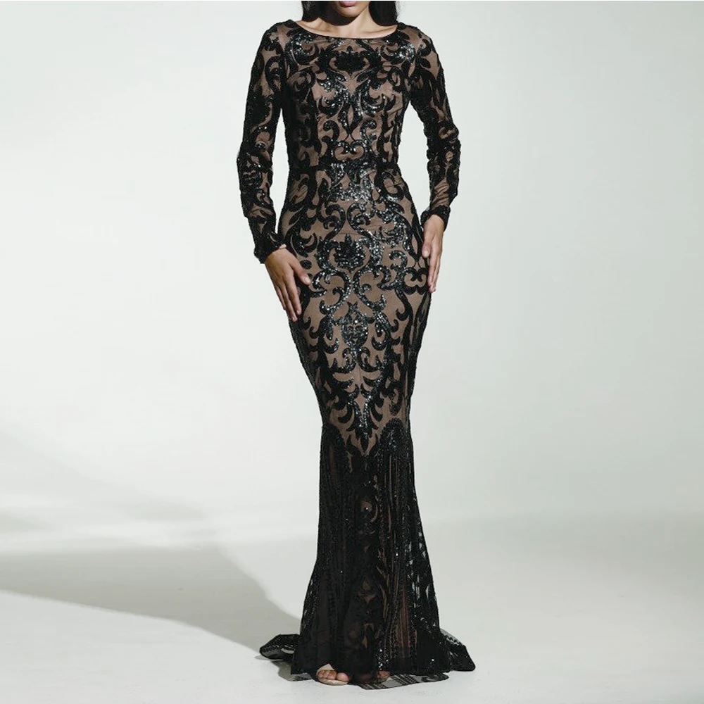 Черное эластичное ретро платье длиной до пола с блестками и О образным вырезом