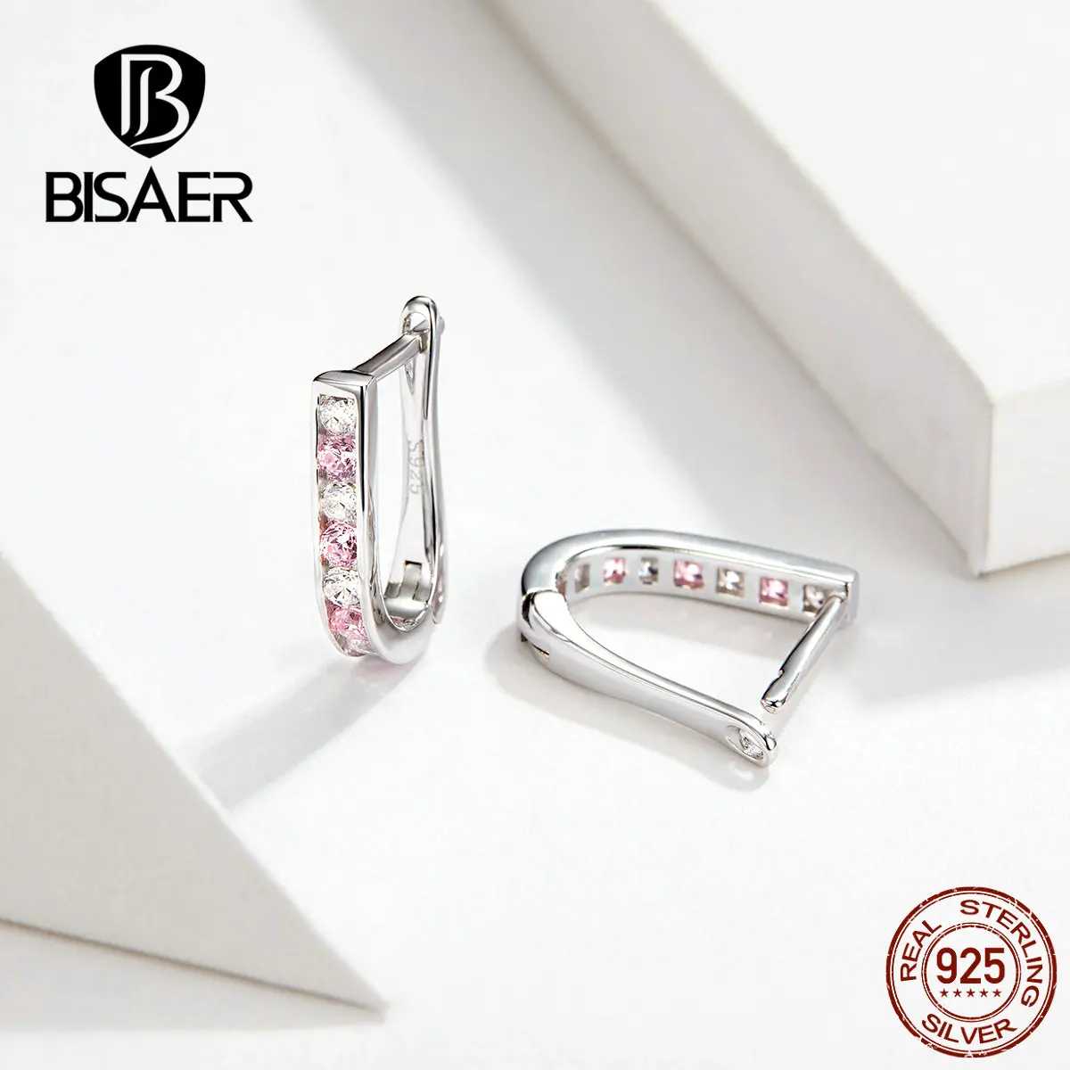 BISAER, серьги с розовым цирконием, 925 пробы, серебро, простые, кубический циркон, серьги-гвоздики для женщин, роскошные свадебные ювелирные изделия ECE658