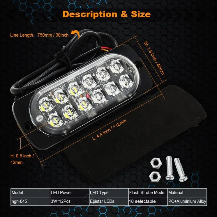 4x12LED Янтарный светильник аварийный предупреждающий стробоскоп мигающий