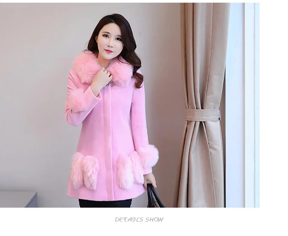 Pinky Is Black, новинка, Зимняя коллекция, шерстяное пальто для женщин, Модный меховой воротник, Длинная женская шерстяная комбинированная куртка, Женская горячая распродажа