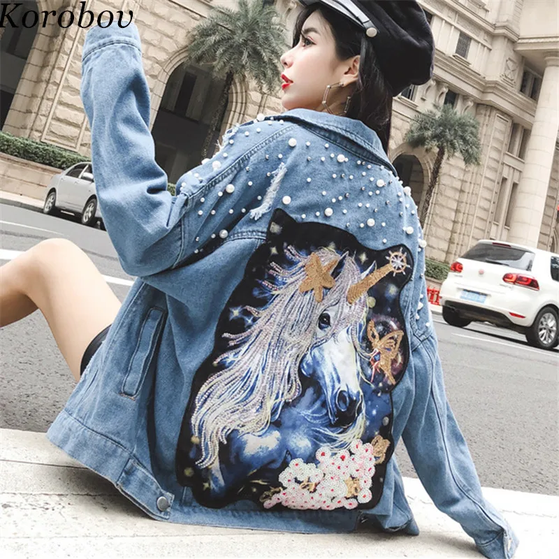 Korobov 2019 New Korean Horse Appliques Jacket Pearls Suquined Cartoon Women Female Coats Loose Casual Demin Mujer Jackets 76387 | Женская