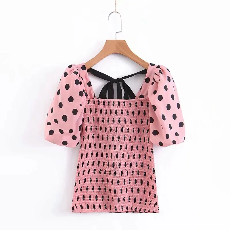 Runway Women Dots Shirt Sexy Square Collar Half Lantern Sleeves Blouse 2019 Summer Chiffon Super Elastic Shirts Sweet Clothing | Женская