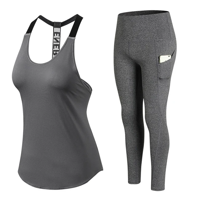 Gray 2pcs set Женский комплект из 2 предметов для йоги, открытая спина, без рукавов, невидимый карман, штаны для йоги, топ, женская футболка, спортивные облегающие леггинсы, брюки - Цвет: Gray 2pcs set