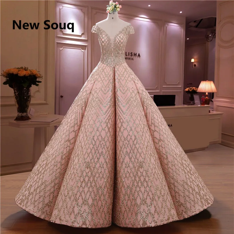 

Sweet Pink Ball Gown Sequined Evening Dresses Off Shoulder Illusion V-neck Draped Satin Long Prom Dress Vestidos De 15