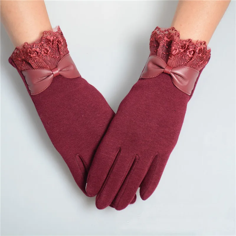 Элегантные женские перчатки модные зимние теплые мягкие кружевные с бантом