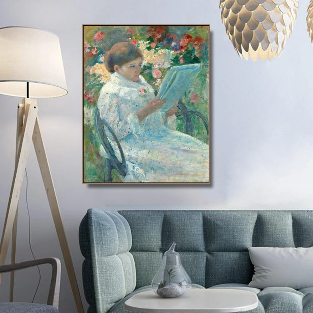 

Woman Reading in a Garden by Cassatt Wall Art Canvas Poster Print Canvas Painting Decorative Picture for Living Room Home Decor