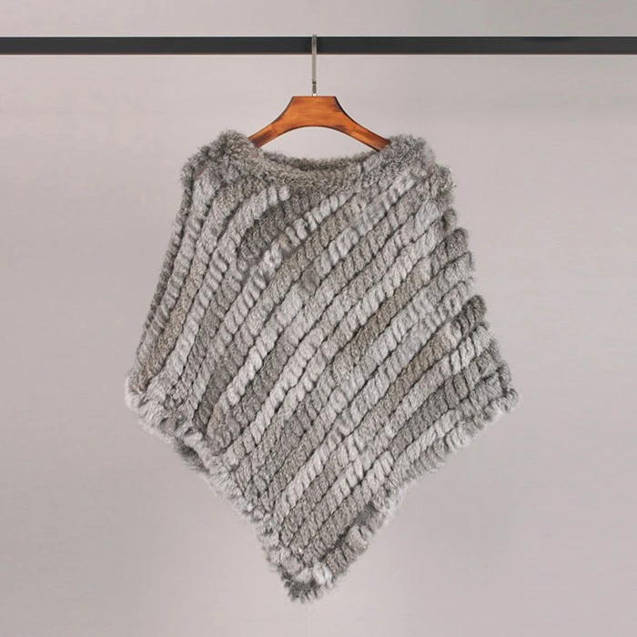 Natural Grey VISI HOP/модное Стильное женское пончо с натуральным кроличьим мехом, Вязаная Шаль, качественная накидка VS5201 - Цвет: Natural Grey
