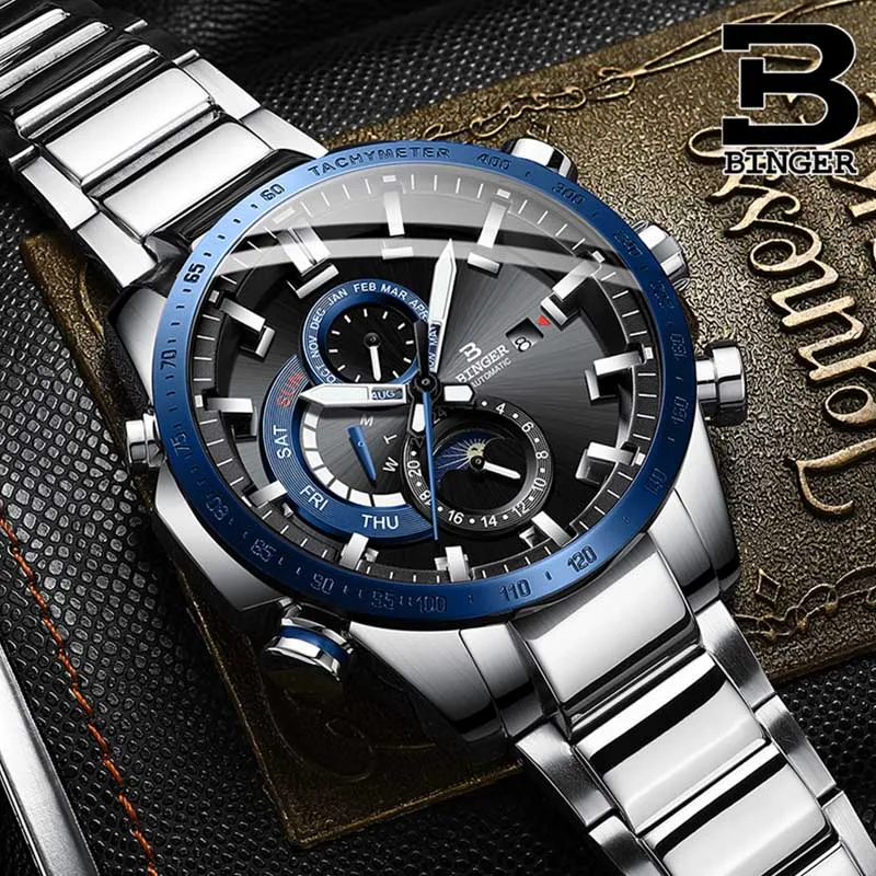Silver Blue Black Часы Binger мужские швейцарские автоматические механические часы мужские s лучший бренд Роскошные военные часы Relogio Masculino Montre Homme - Цвет: Silver Blue Black