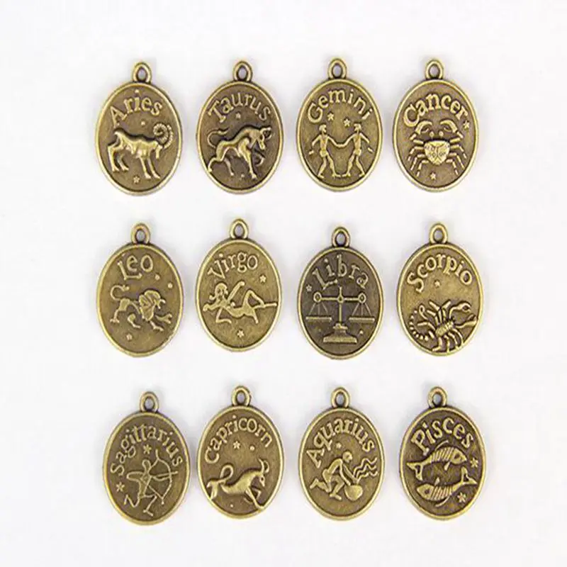 12Pcs Antiqued Silver Bronze Zodiac all Constellation Charm Alloy Pendant Jewelry Making Accessories Handmade Friendship Gift | Украшения и