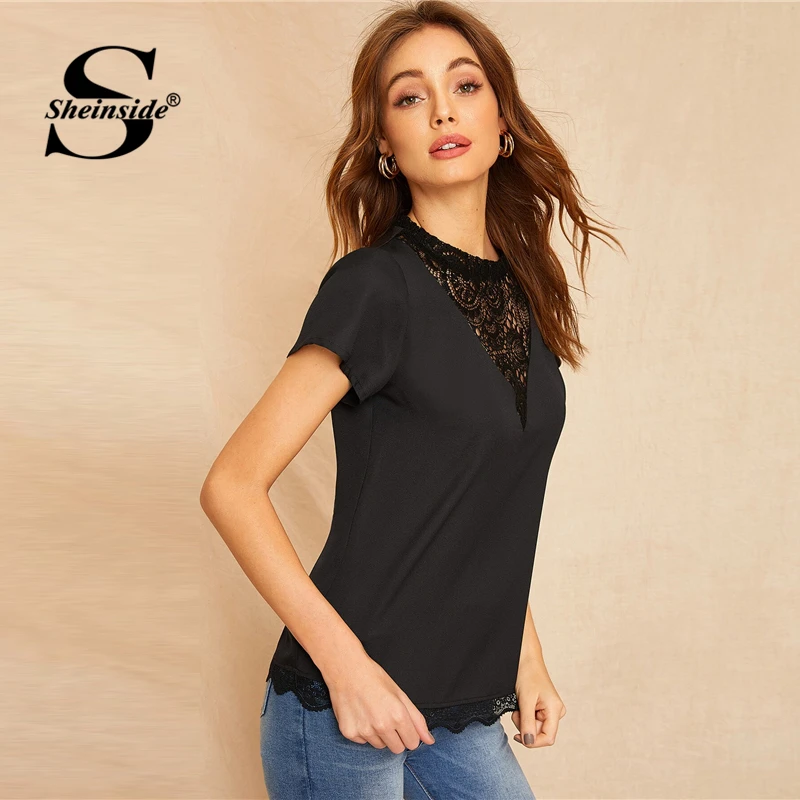Sheinside, черная контрастная кружевная блузка для женщин, лето, стоячий воротник, короткий рукав, Лоскутная Блузка, для девушек, гребешок, отделка подола, Топ