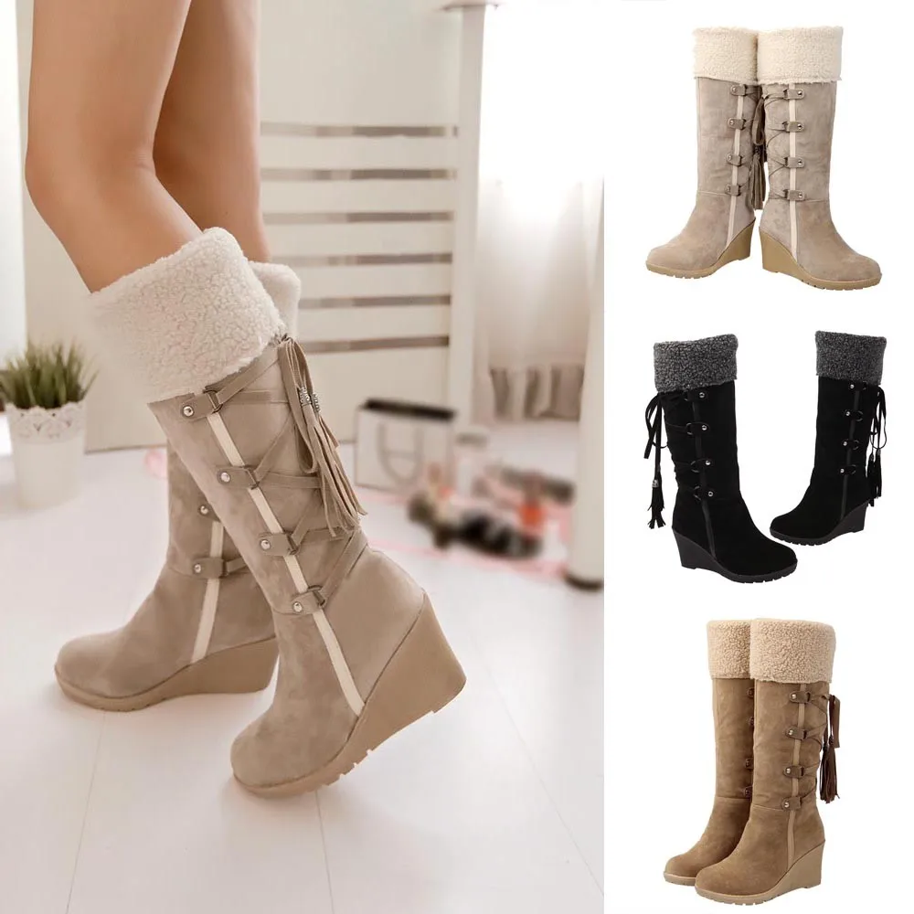 SAGACE/зимние сапоги на танкетке Женские Martin Высокие до бедра с бахромой Zapatos De Mujer