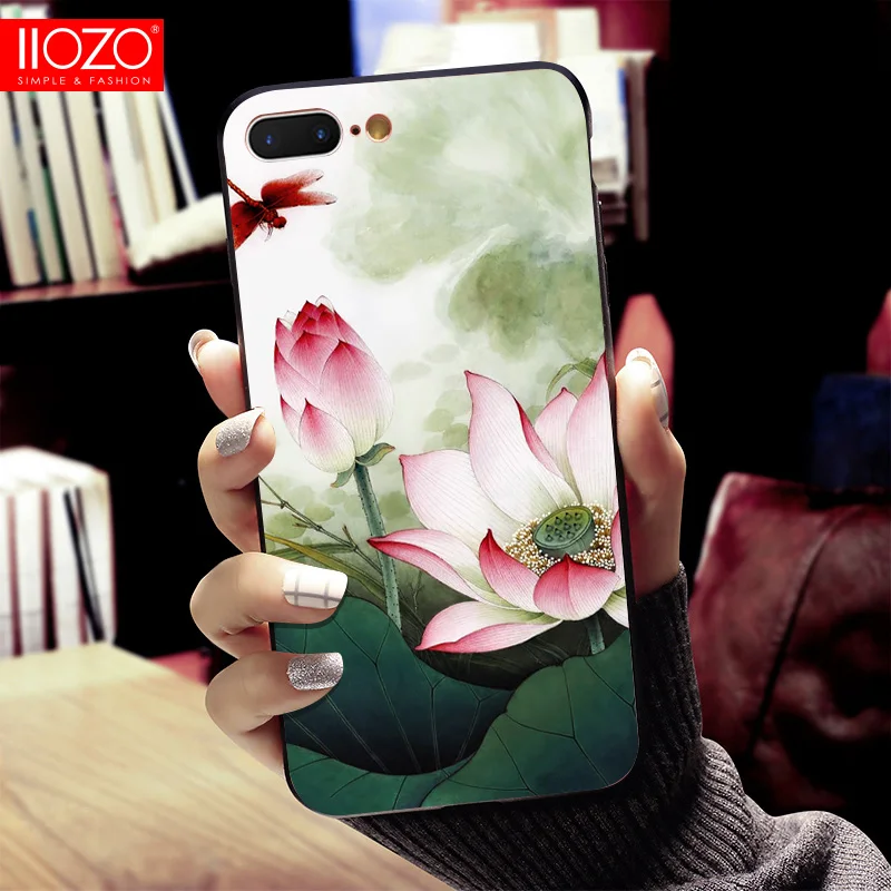 IIOZO 3D Рельефный цветочный чехол для телефона iPhone 8 7 6 6s Plus Lotus Rose Цветочный мягкие