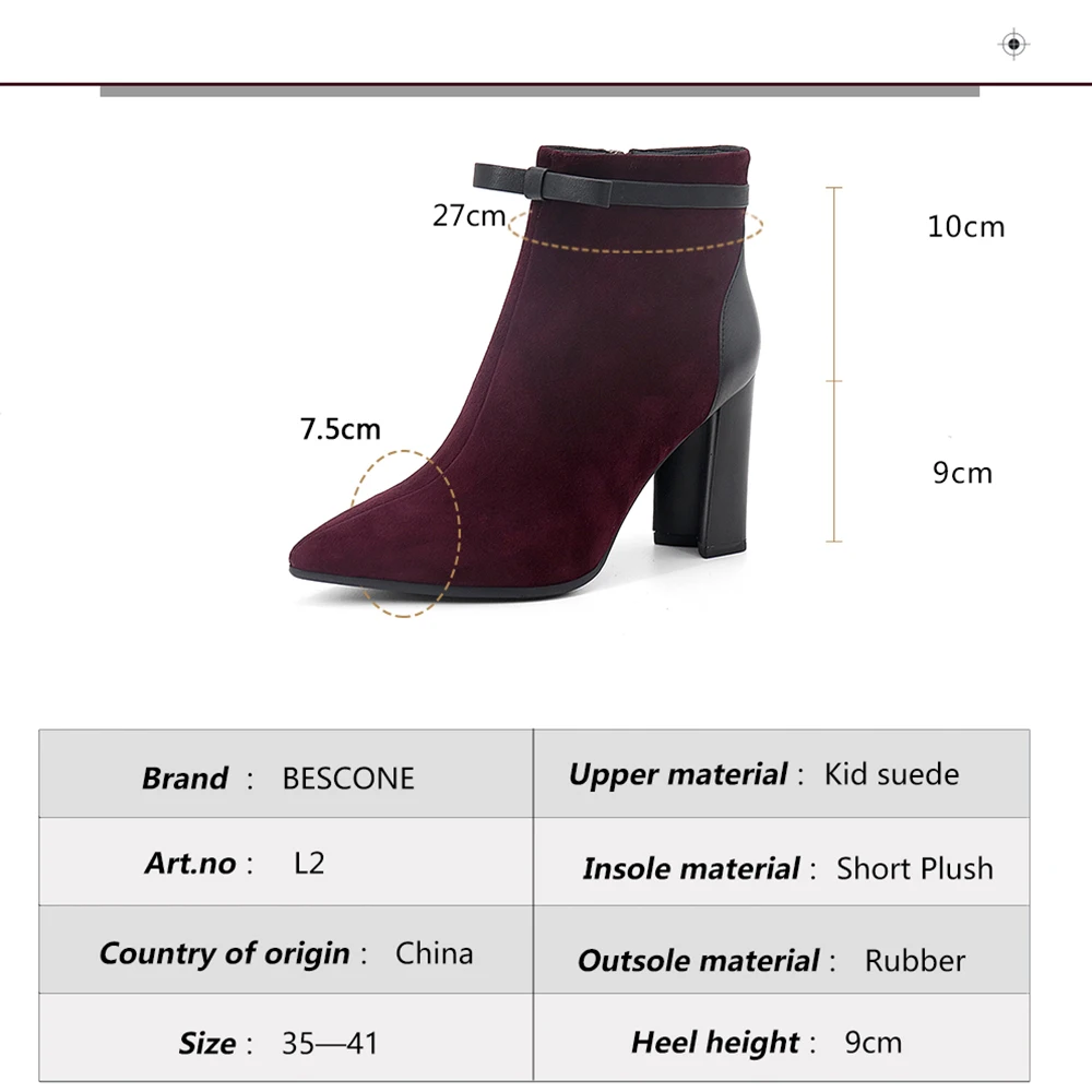 

BESCONE New Autumn Kid Suede Women Boots Pointed Toe Square Heel butterfly-knot Decoration Shoes Elegant Wine Red Ankle Boots L2