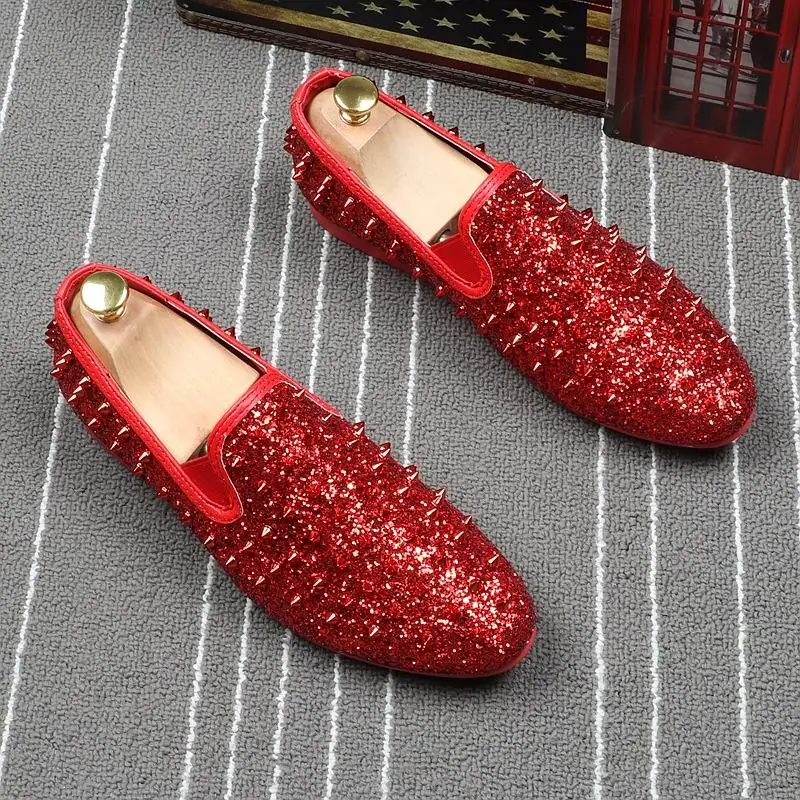 Fashion Tide Of Men Red Loafer Shoes Rivets Glitter Casual Comfort Slip On Flats Round Toe Trending Size 38-44 Green | Обувь