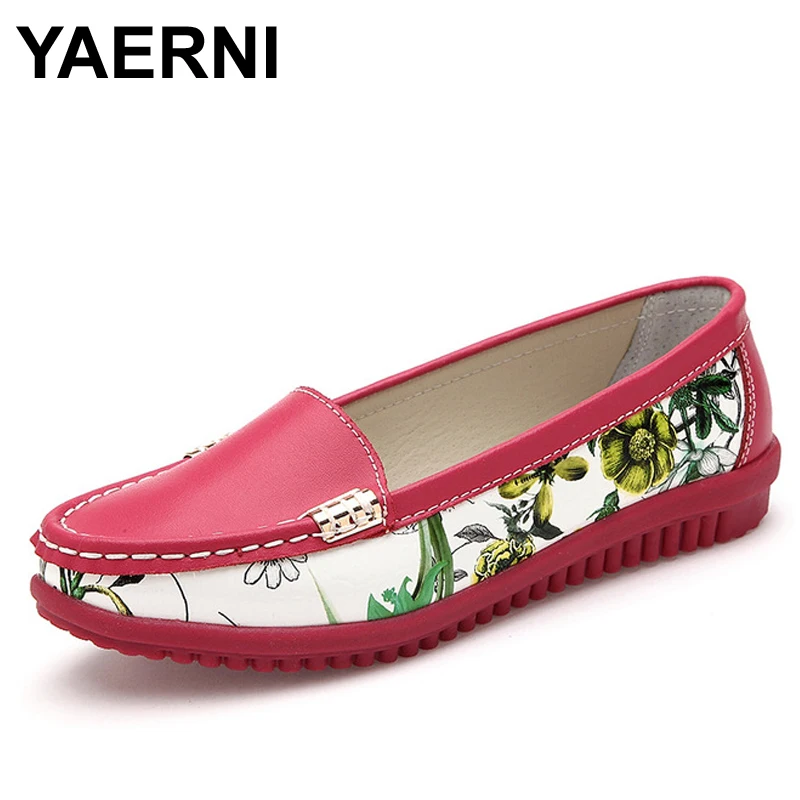 

YAERNI 2021 Women's Shoes Genuine Leather Woman Shoes Flats Loafers Slip On Women's Flat Flower Shoes Moccasins