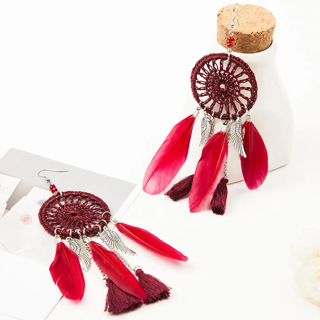 Retro Women's Feather Dreamcatcher Tassel Dangle Hook Earrings Jewelry | Украшения и аксессуары