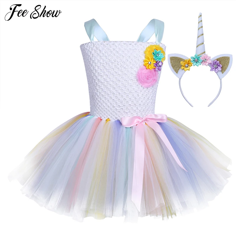 

6 Style Flower Girls Tutu Dress Fancy Rainbow Princess Dress With Headband Halloween Costume Kids Birthday Party Dress