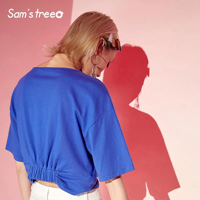 Samstree белый Хлопковый женский короткий топ летний однотонный сексуальный уличная одежда женские футболки модные повседневные свободные женские футболки с круглым вырезом