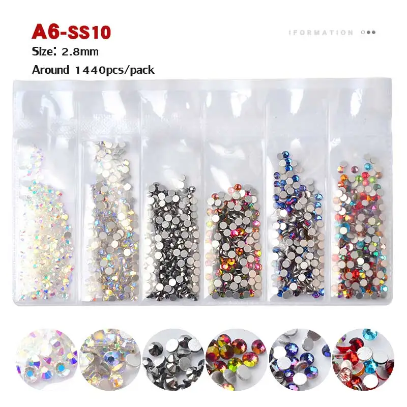 A6-SS10 1440 шт цветные стразы SS3-SS10 не горячей фиксации Хрустальные Стразы 3d плоские с оборота стеклянные стразы для дизайна ногтей блестящие украшения - Цвет: A6-SS10