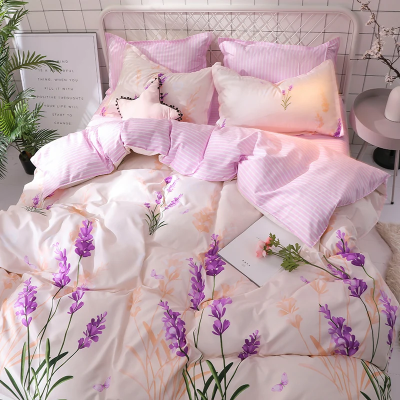 Romantic purple green flower plant printed 3/4pcs bed flat Sheet Pillowcase Duvet cover twin full Queen King size bedding set | Дом и сад