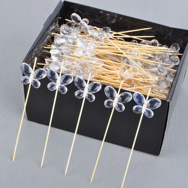 

200pcs Disposable Crystal Butterfly round beads fruit fork Party restaurant home bar Cocktail Picks cupcake toppers Supplies